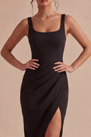 Load image into Gallery viewer, Bodycon Ruched Thick Straps Midi Black Cocktail Dress with Slit
