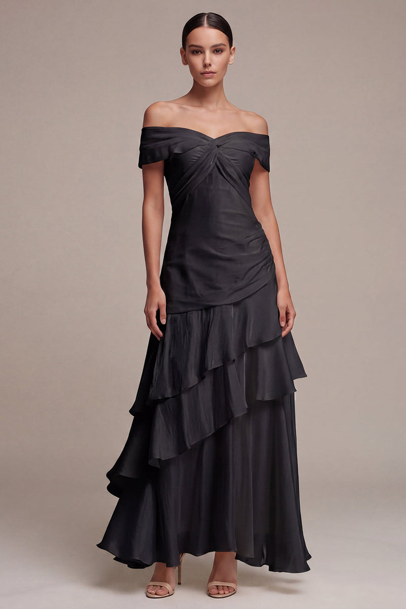 Load image into Gallery viewer, A Line Off the Shoulder Long Black Tie Dress with Ruffles