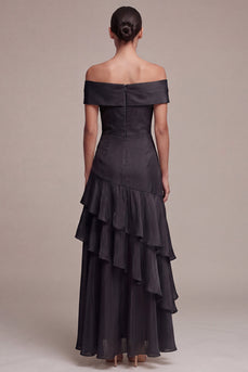 A Line Off the Shoulder Long Black Tie Dress with Ruffles