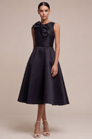 Load image into Gallery viewer, Round Neck A Line Black Midi Cocktail Dress with Bow