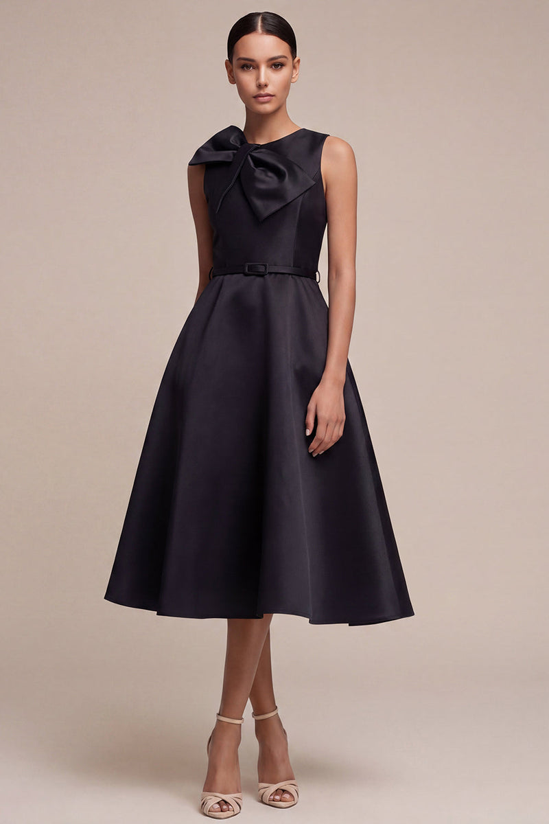 Load image into Gallery viewer, Round Neck A Line Black Midi Cocktail Dress with Bow