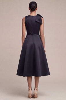 Round Neck A Line Black Midi Cocktail Dress with Bow