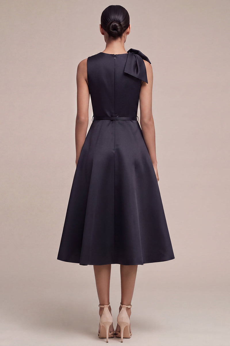 Load image into Gallery viewer, Round Neck A Line Black Midi Cocktail Dress with Bow