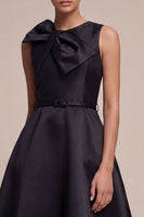 Load image into Gallery viewer, Round Neck A Line Black Midi Cocktail Dress with Bow