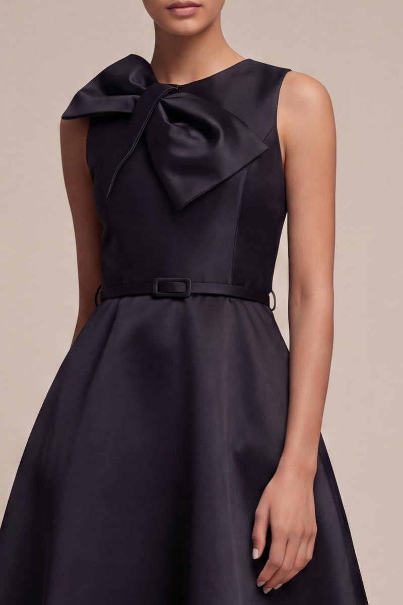 Load image into Gallery viewer, Round Neck A Line Black Midi Cocktail Dress with Bow