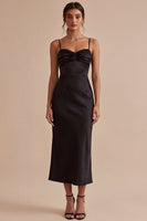 Load image into Gallery viewer, Spaghetti Straps Mermaid Ruched Long Black Tie Dress