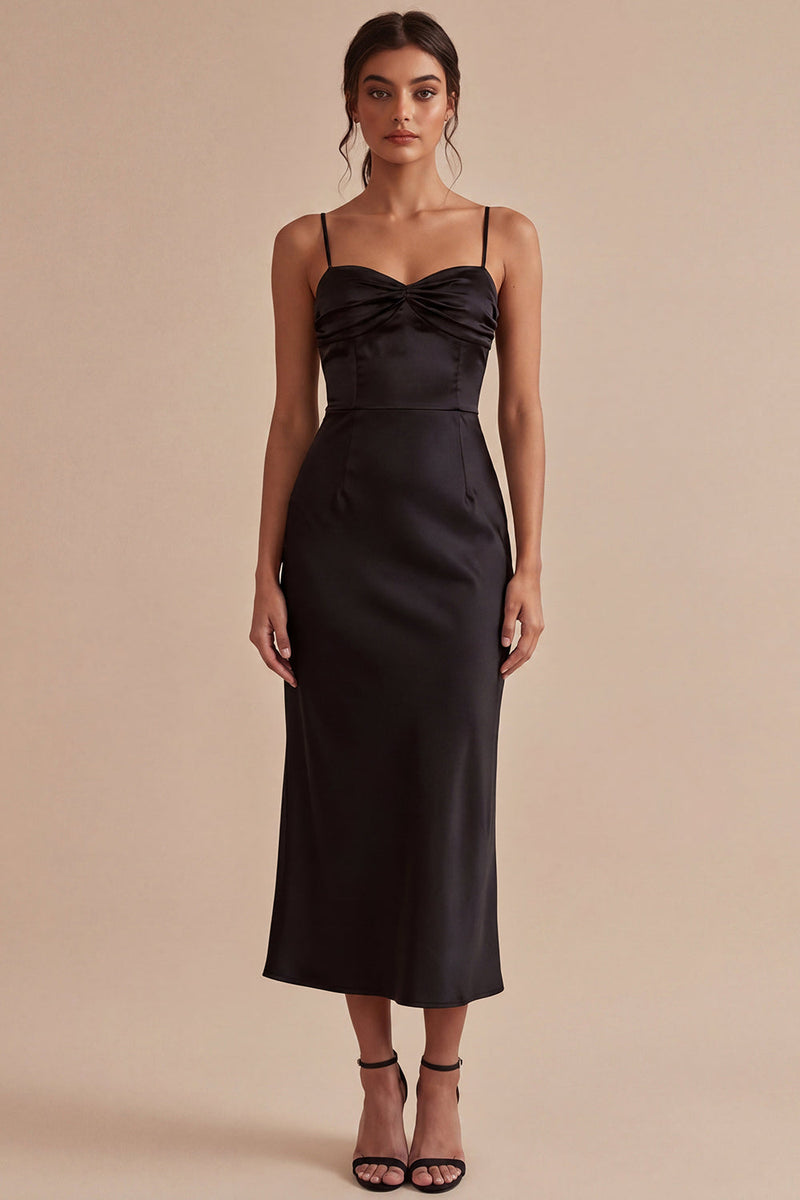Load image into Gallery viewer, Spaghetti Straps Mermaid Ruched Long Black Tie Dress