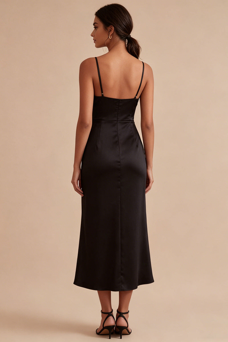 Load image into Gallery viewer, Spaghetti Straps Mermaid Ruched Long Black Tie Dress