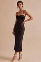 Load image into Gallery viewer, Spaghetti Straps Mermaid Ruched Long Black Tie Dress