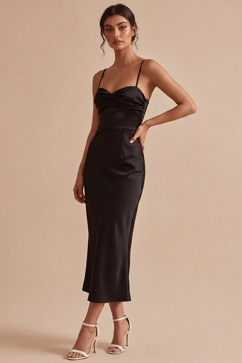 Load image into Gallery viewer, Spaghetti Straps Mermaid Ruched Long Black Tie Dress