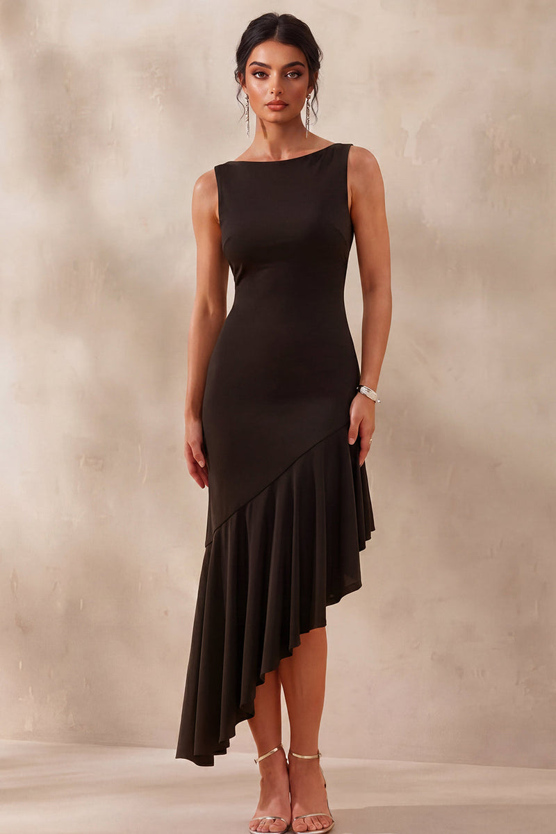 Load image into Gallery viewer, Mermaid Boat Neck Asymmetrical Black Tie Dress with Ruffles