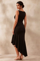 Load image into Gallery viewer, Mermaid Boat Neck Asymmetrical Black Tie Dress with Ruffles