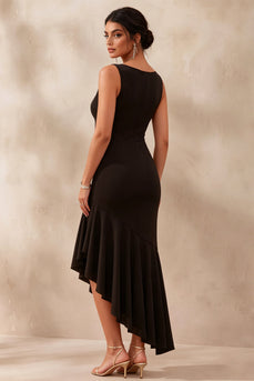 Mermaid Boat Neck Asymmetrical Black Tie Dress with Ruffles