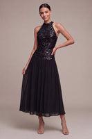 Load image into Gallery viewer, Sparkly High Neck A Line Long Black Tie Dress with Sequins