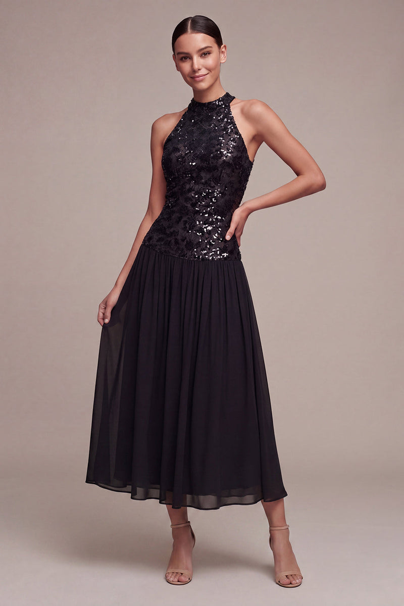 Load image into Gallery viewer, Sparkly High Neck A Line Long Black Tie Dress with Sequins