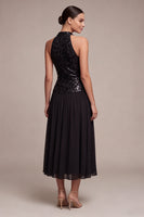 Load image into Gallery viewer, Sparkly High Neck A Line Long Black Tie Dress with Sequins