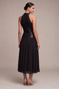 Sparkly High Neck A Line Long Black Tie Dress with Sequins
