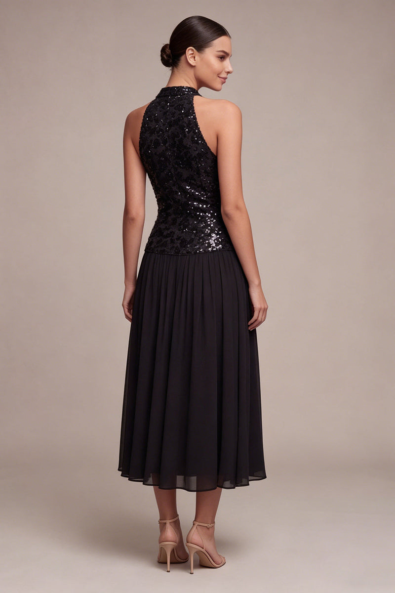Load image into Gallery viewer, Sparkly High Neck A Line Long Black Tie Dress with Sequins