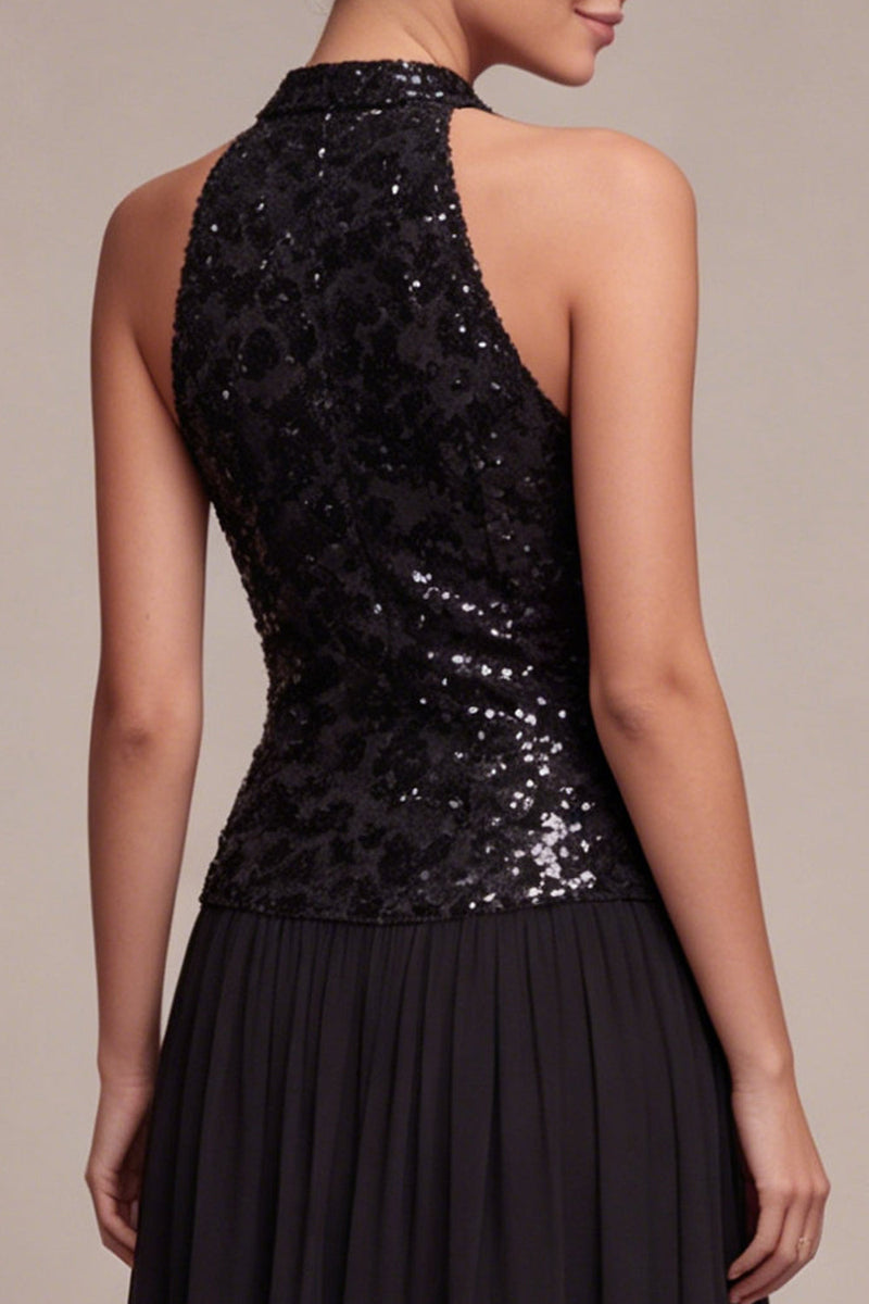 Load image into Gallery viewer, Sparkly High Neck A Line Long Black Tie Dress with Sequins