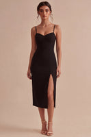 Load image into Gallery viewer, Bodycon Midi Spaghetti Straps Black Cocktail Dress with Slit
