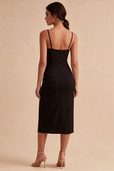 Bodycon Midi Spaghetti Straps Black Cocktail Dress with Slit