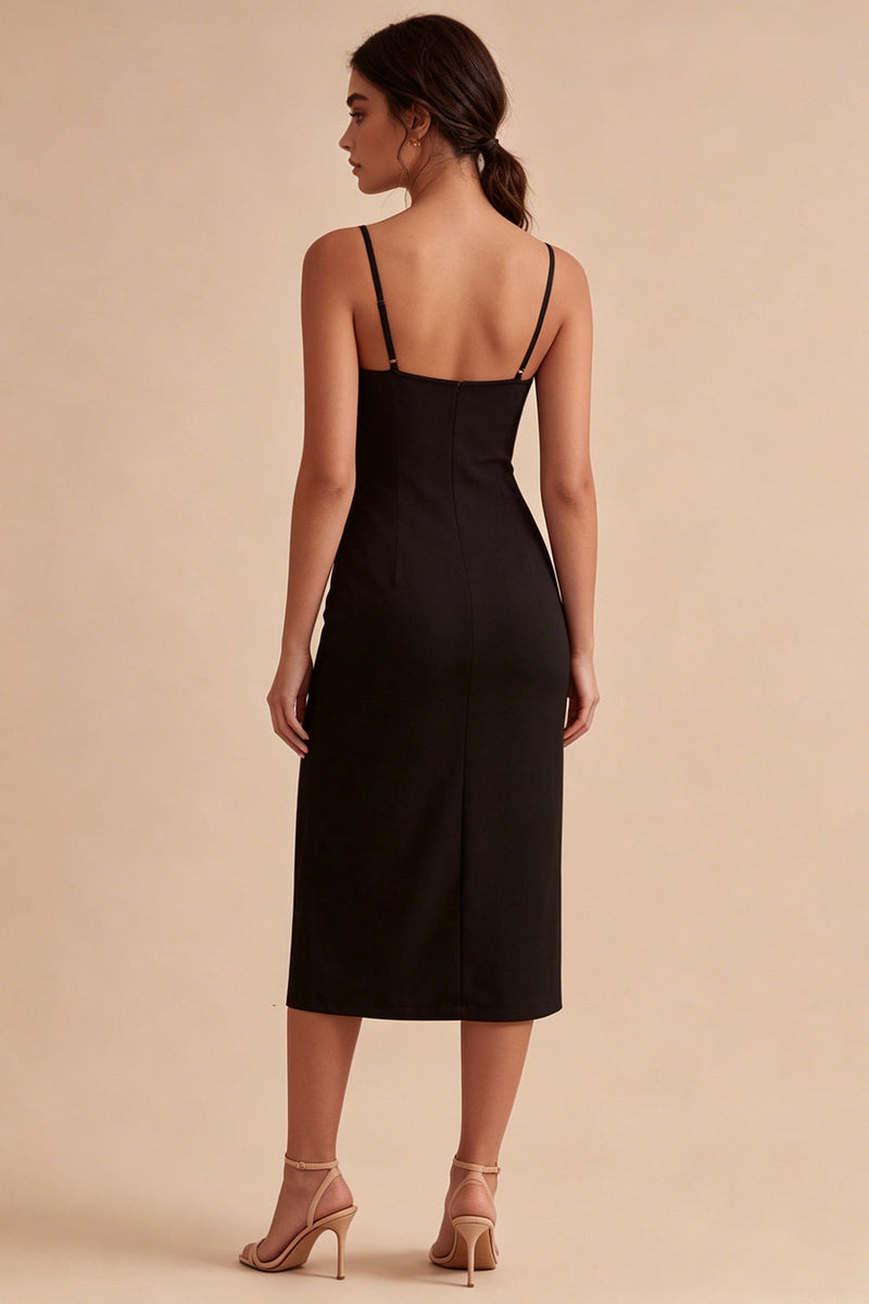 Load image into Gallery viewer, Bodycon Midi Spaghetti Straps Black Cocktail Dress with Slit