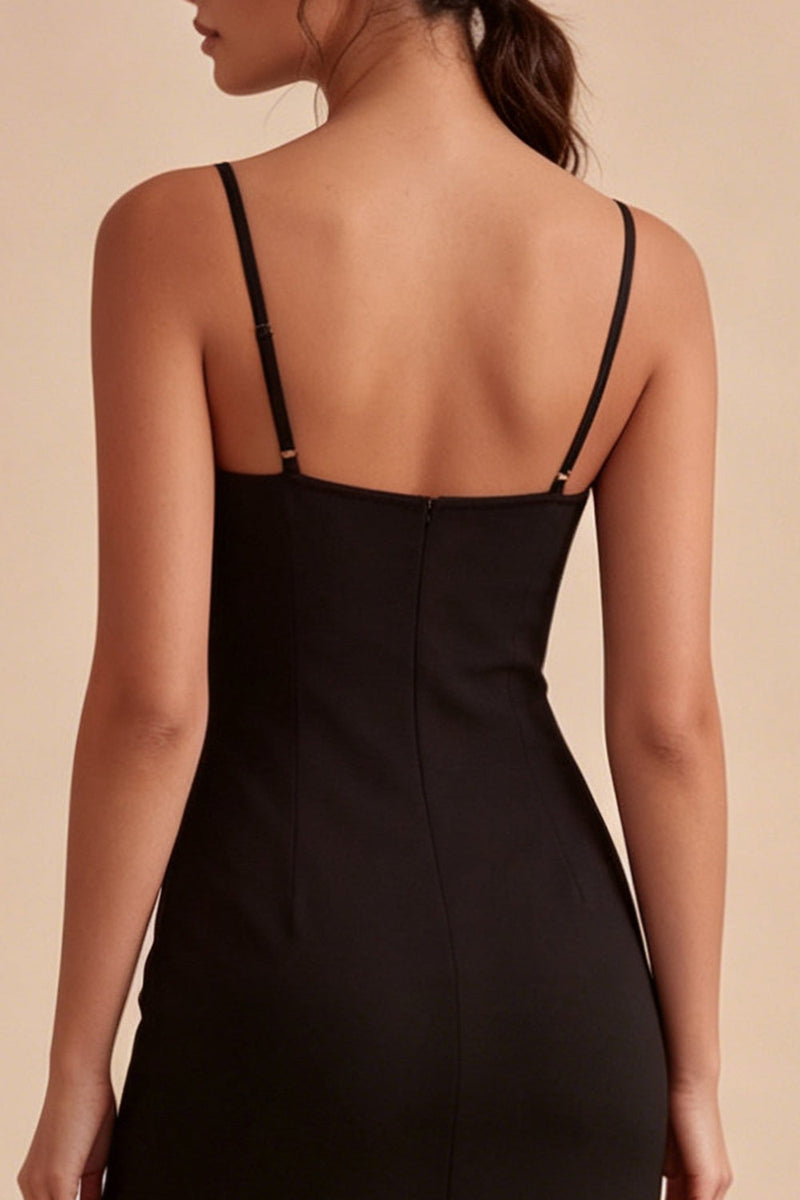 Load image into Gallery viewer, Bodycon Midi Spaghetti Straps Black Cocktail Dress with Slit