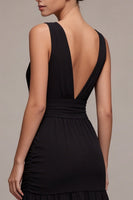 Load image into Gallery viewer, V-Neck A Line Ruched Backless Long Black Tie Dress