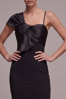Load image into Gallery viewer, Mermaid Long Spaghetti Straps Black Tie Dress with Bow