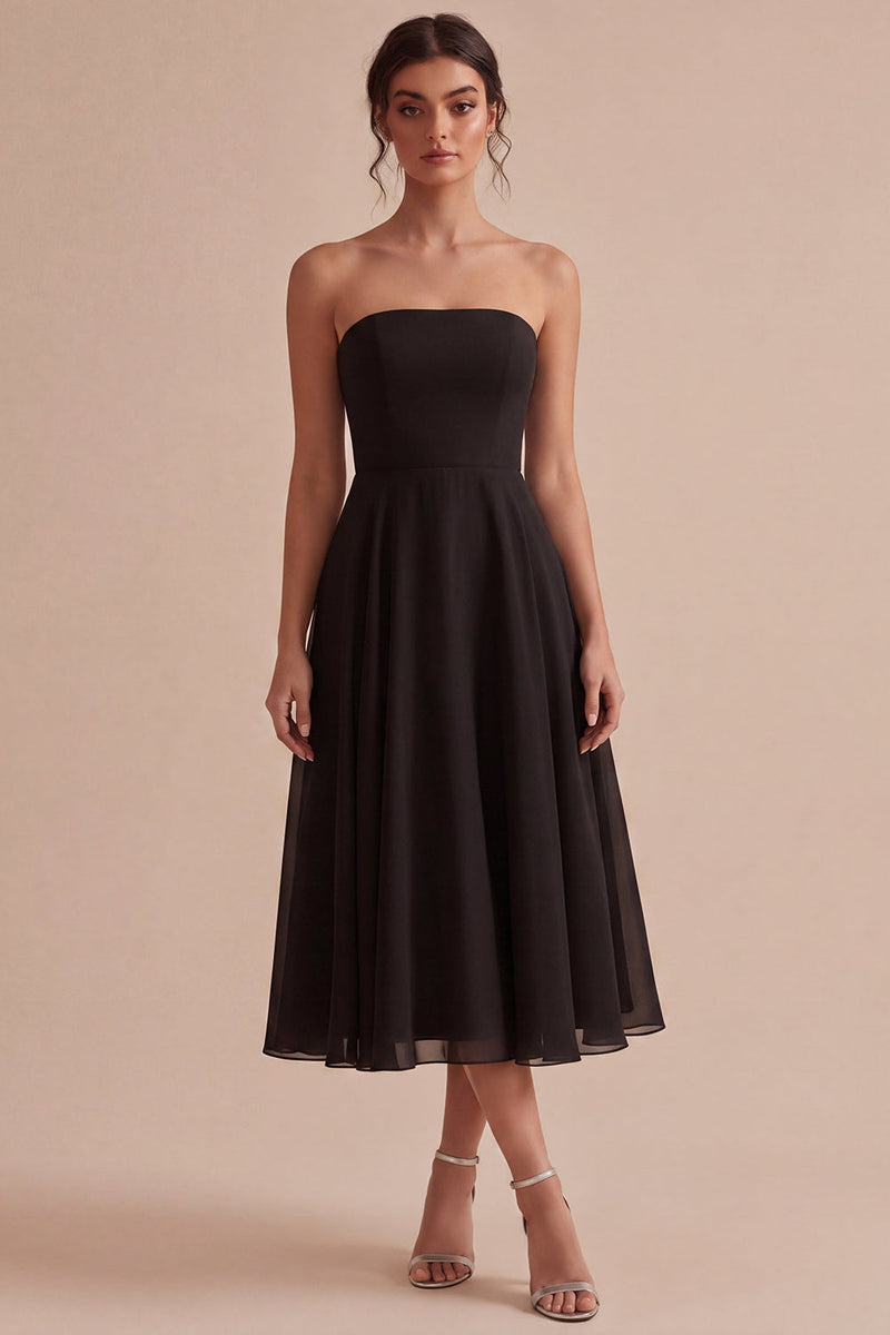 Load image into Gallery viewer, Simple Strapless A Line Long Black Tie Dress