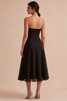 Simple Strapless A Line Long Black Tie Dress