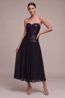 Load image into Gallery viewer, Sparkly Strapless A Line Long Black Tie Dress with Sequins