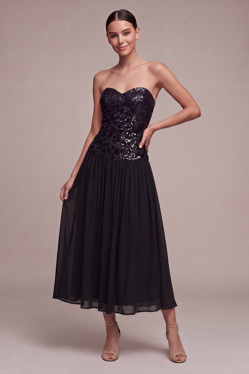 Load image into Gallery viewer, Sparkly Strapless A Line Long Black Tie Dress with Sequins