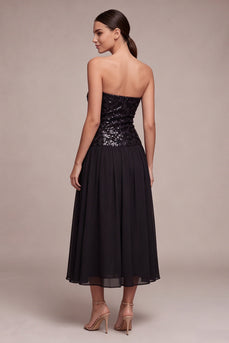 Sparkly Strapless A Line Long Black Tie Dress with Sequins
