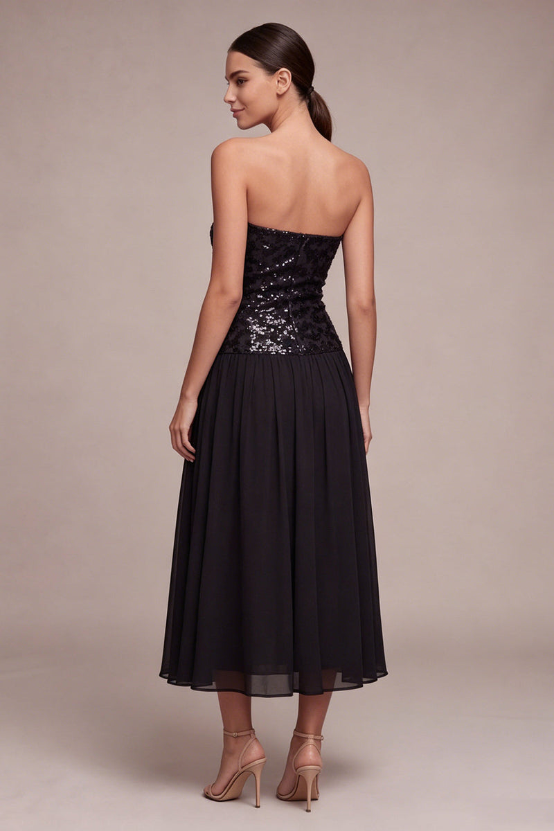 Load image into Gallery viewer, Sparkly Strapless A Line Long Black Tie Dress with Sequins