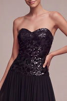 Load image into Gallery viewer, Sparkly Strapless A Line Long Black Tie Dress with Sequins