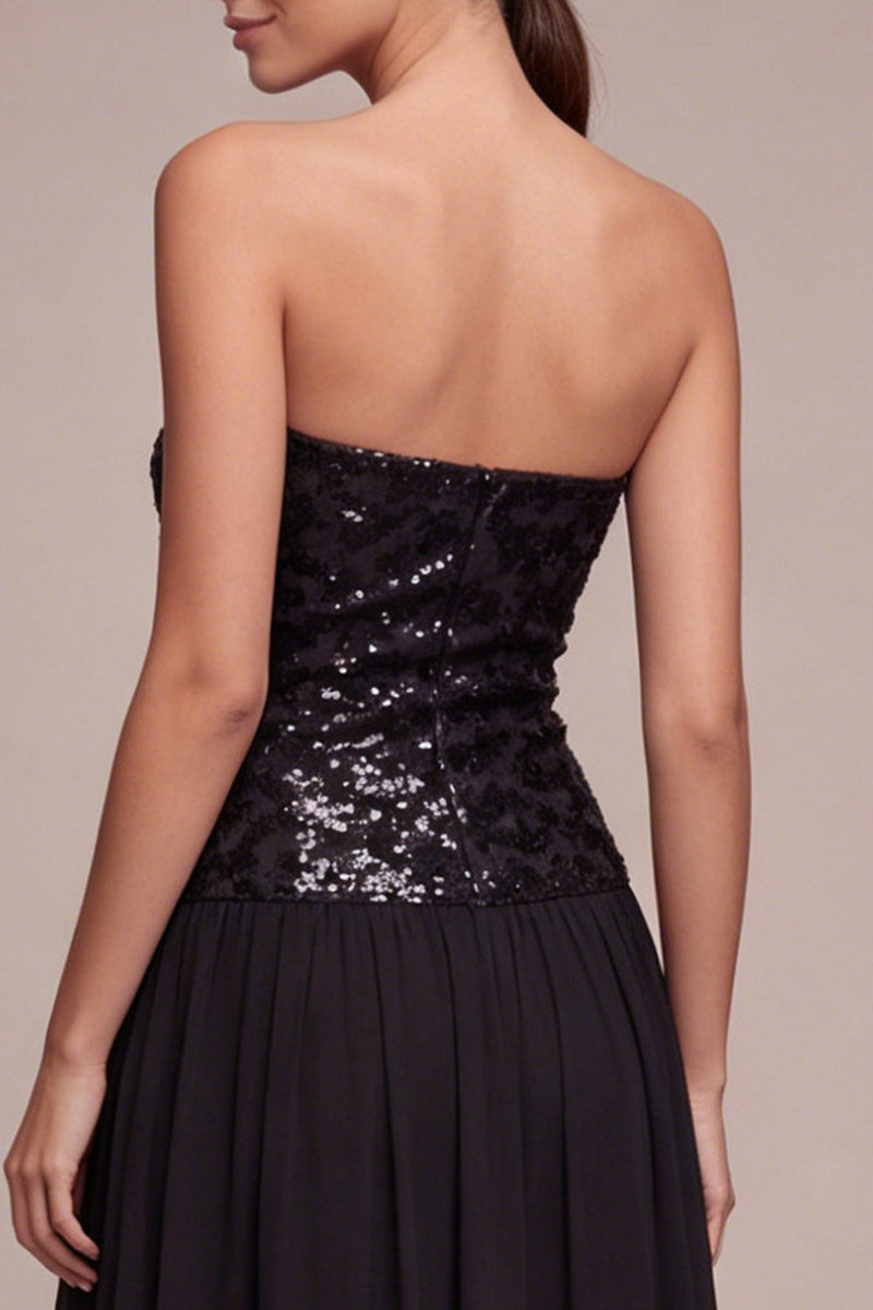 Load image into Gallery viewer, Sparkly Strapless A Line Long Black Tie Dress with Sequins