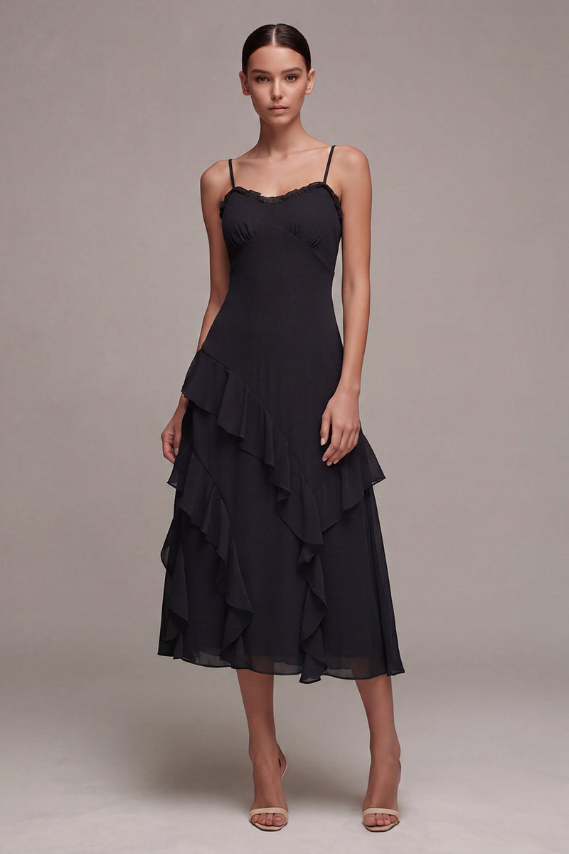 Load image into Gallery viewer, Spaghetti Straps A Line Long Black Tie Dress with Ruffles