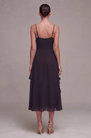 Load image into Gallery viewer, Spaghetti Straps A Line Long Black Tie Dress with Ruffles