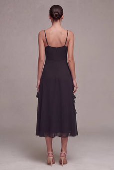 Spaghetti Straps A Line Long Black Tie Dress with Ruffles