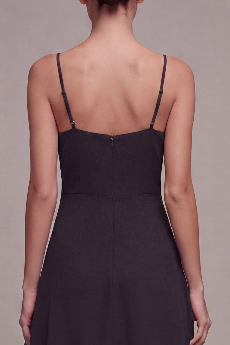 Load image into Gallery viewer, Spaghetti Straps A Line Long Black Tie Dress with Ruffles