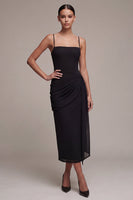 Load image into Gallery viewer, Ruched Spaghetti Straps Sheath Long Black Tie Dress