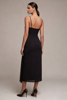 Ruched Spaghetti Straps Sheath Long Black Tie Dress