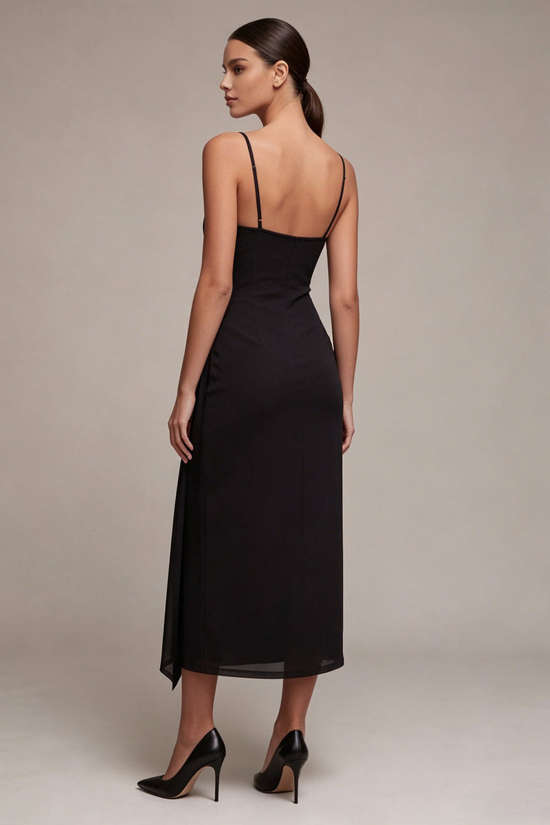 Load image into Gallery viewer, Ruched Spaghetti Straps Sheath Long Black Tie Dress