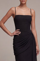 Load image into Gallery viewer, Ruched Spaghetti Straps Sheath Long Black Tie Dress