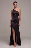 Load image into Gallery viewer, Mermaid Long One Shoulder Black Tie Dress with Slit