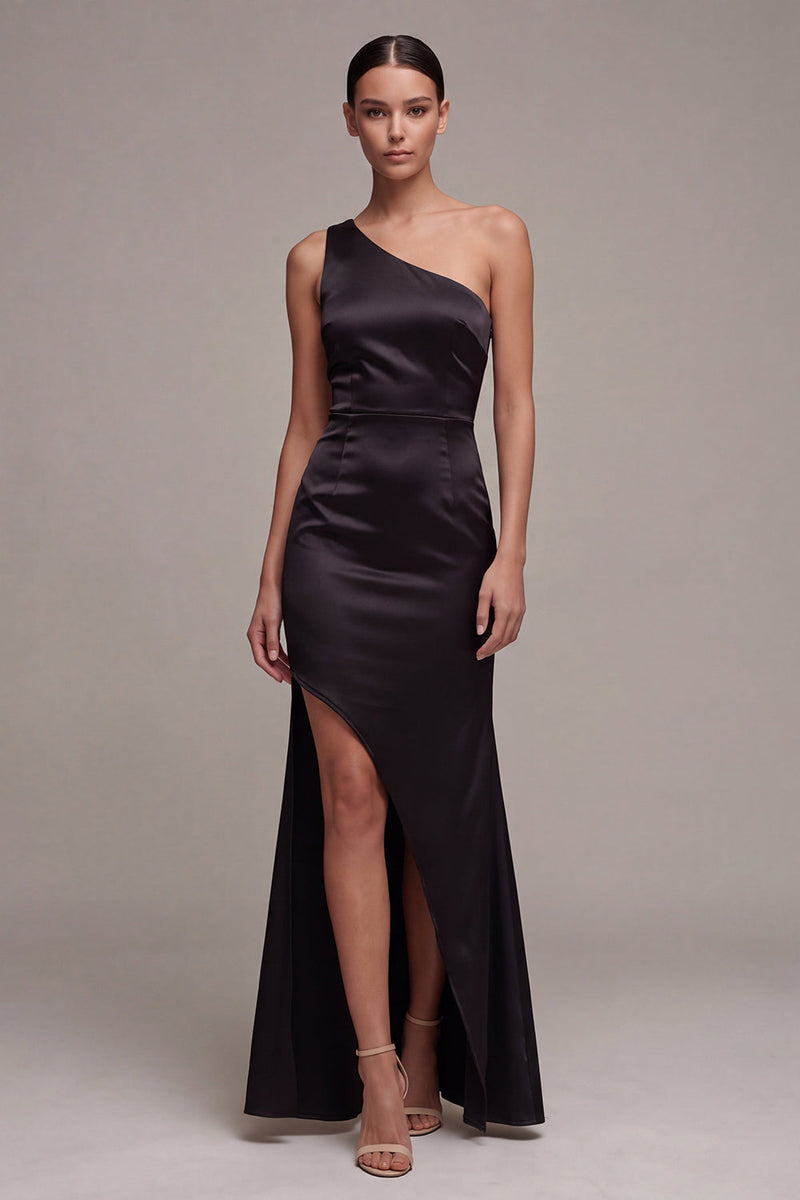 Load image into Gallery viewer, Mermaid Long One Shoulder Black Tie Dress with Slit