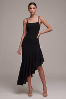 Load image into Gallery viewer, Asymmetrical Spaghetti Straps Mermaid Black Cocktail Dress with Ruffles