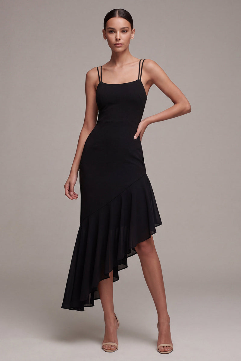 Load image into Gallery viewer, Asymmetrical Spaghetti Straps Mermaid Black Cocktail Dress with Ruffles
