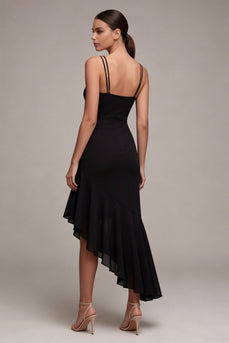 Asymmetrical Spaghetti Straps Mermaid Black Cocktail Dress with Ruffles